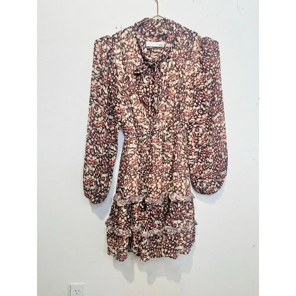 RACHEL PARCELL Animal Print Tie Neck Puff Sleeve Butterfly Mini Dress Size XS